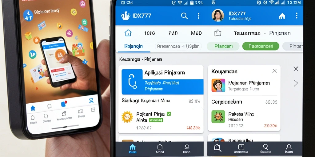 Antarmuka pengguna aplikasi IDX777 dengan fitur pinjaman yang sederhana.